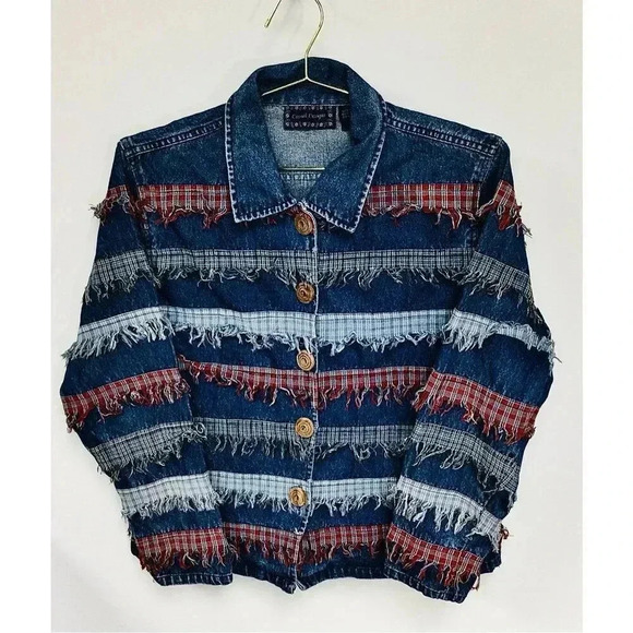 Vintage Casual Designs Women’s Blue Fringed Layers Strips Denim Jacket Medium - Picture 1 of 10